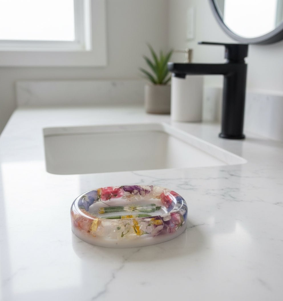 BLOMSTERBAD såpeskål – blomsterkunst av ekte tørkede blomster - Interiør KNASK