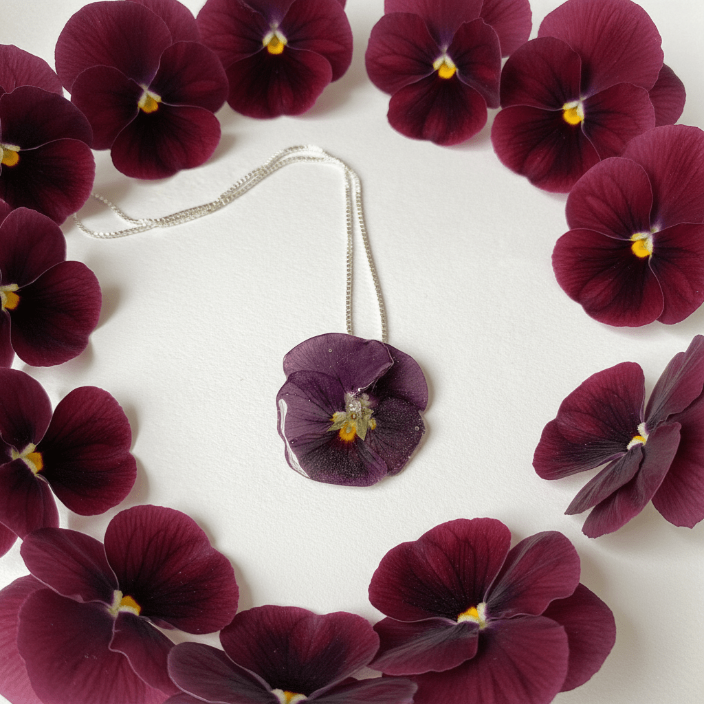 BURGUNDER FIOL blomstersmykke, ekte stemorsblomst, 925 sølvkjede - Smykke KNASK