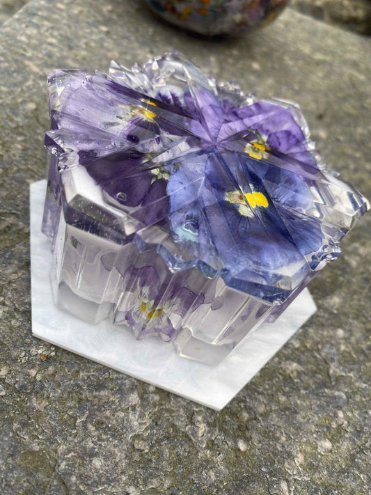 Frost smykkeskrin, blå og lilla fioler, ekte stemorsblomst - KNASK