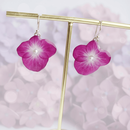 FUKSIA HORTENSIA øredobber, sølv ørekroker, ekte presset blomst - Øredobber KNASK