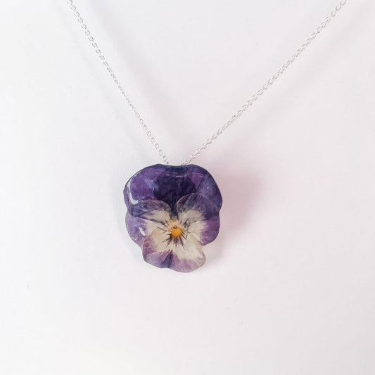 GLAMOUR FIOL blomstersmykke, tørket stemorsblomst, 925 sølvkjede - Smykke KNASK