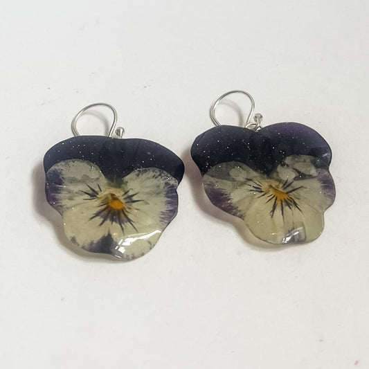 GLAMOUR fiol øredobber, ekte 3D - tørkede blomster Viola tricolor, 925 sølv - Øredobber KNASK