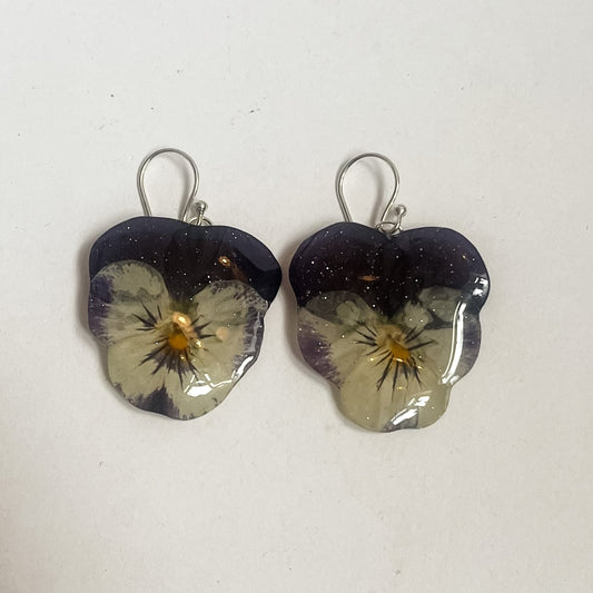 GLAMOUR fiol øredobber, ekte 3D - tørkede blomster Viola tricolor, 925 sølv - Øredobber KNASK