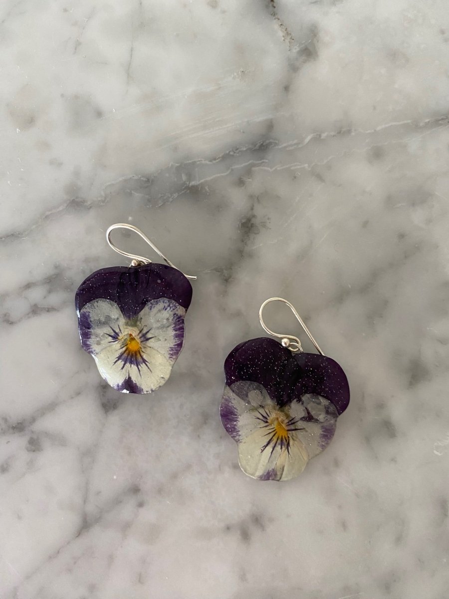 GLAMOUR fiol øredobber, ekte 3D - tørkede blomster Viola tricolor, 925 sølv - Øredobber KNASK