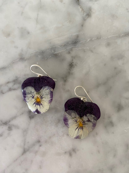 GLAMOUR fiol øredobber, ekte 3D - tørkede blomster Viola tricolor, 925 sølv - Øredobber KNASK