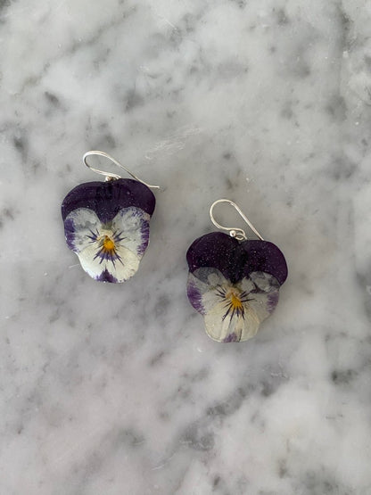 GLAMOUR fiol øredobber, ekte 3D - tørkede blomster Viola tricolor, 925 sølv - Øredobber KNASK