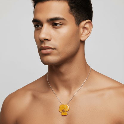 GUL FIOL blomstersmykke, sølvkjede, ekte 3D - tørket stemorsblomst - Smykke KNASK