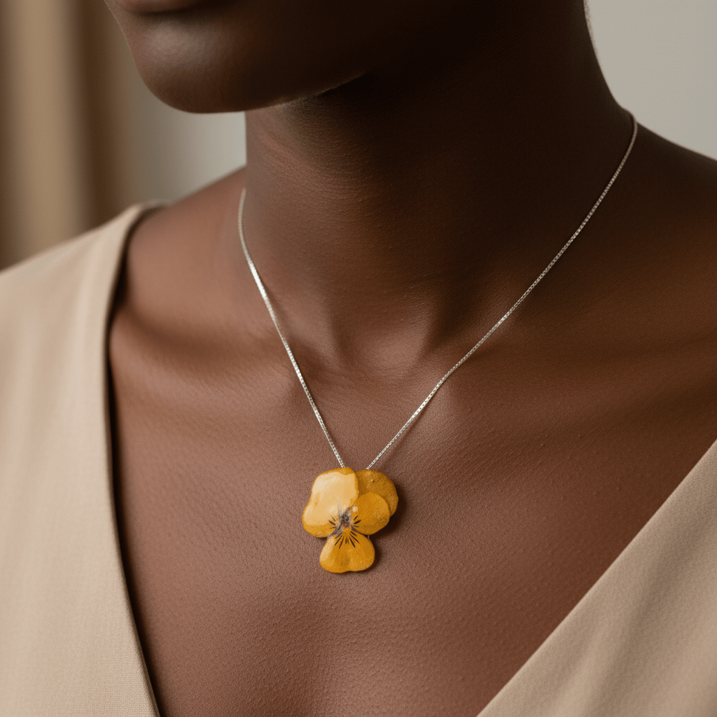 GUL FIOL blomstersmykke, sølvkjede, ekte 3D - tørket stemorsblomst - Smykke KNASK