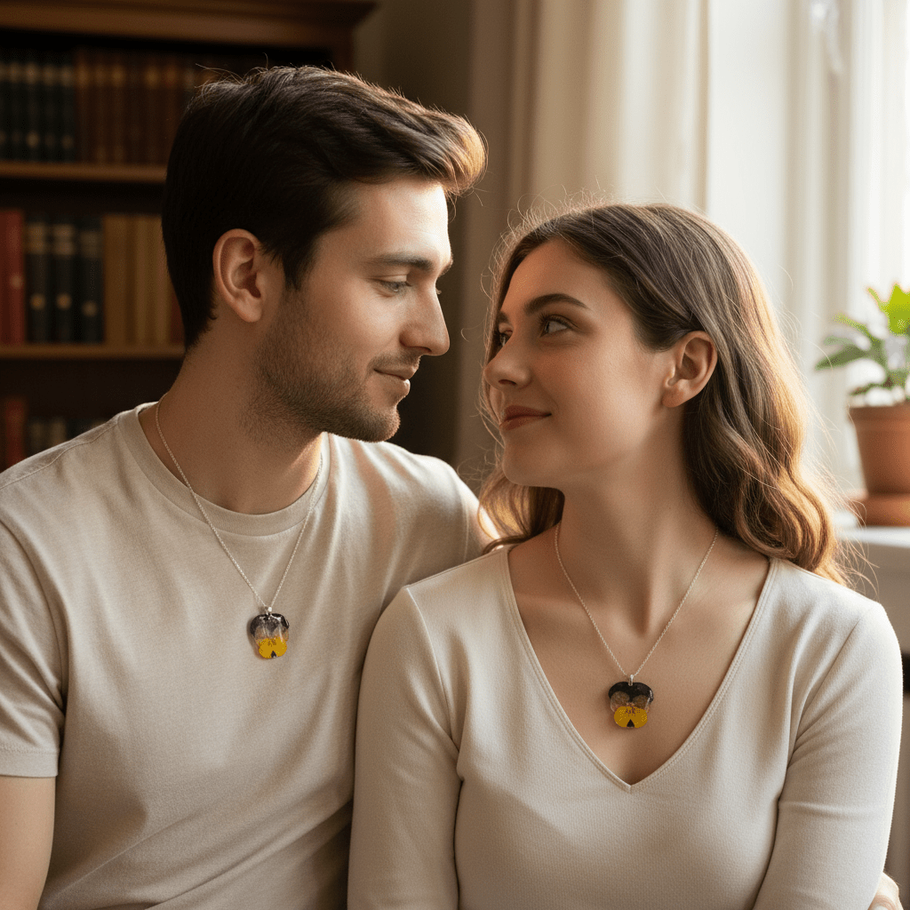 GUL OG LILLA FIOL blomstersmykke, presset stemorsblomst, 925 sølvkjede - Smykke KNASK