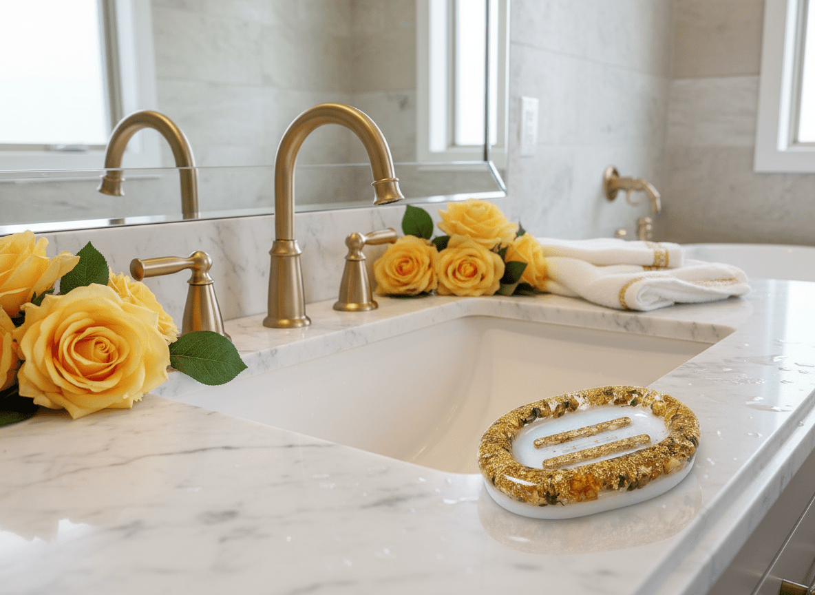 GYLDNE ROSEKNOPPER såpeskål, ekte tørkede blomster - Interiør KNASK