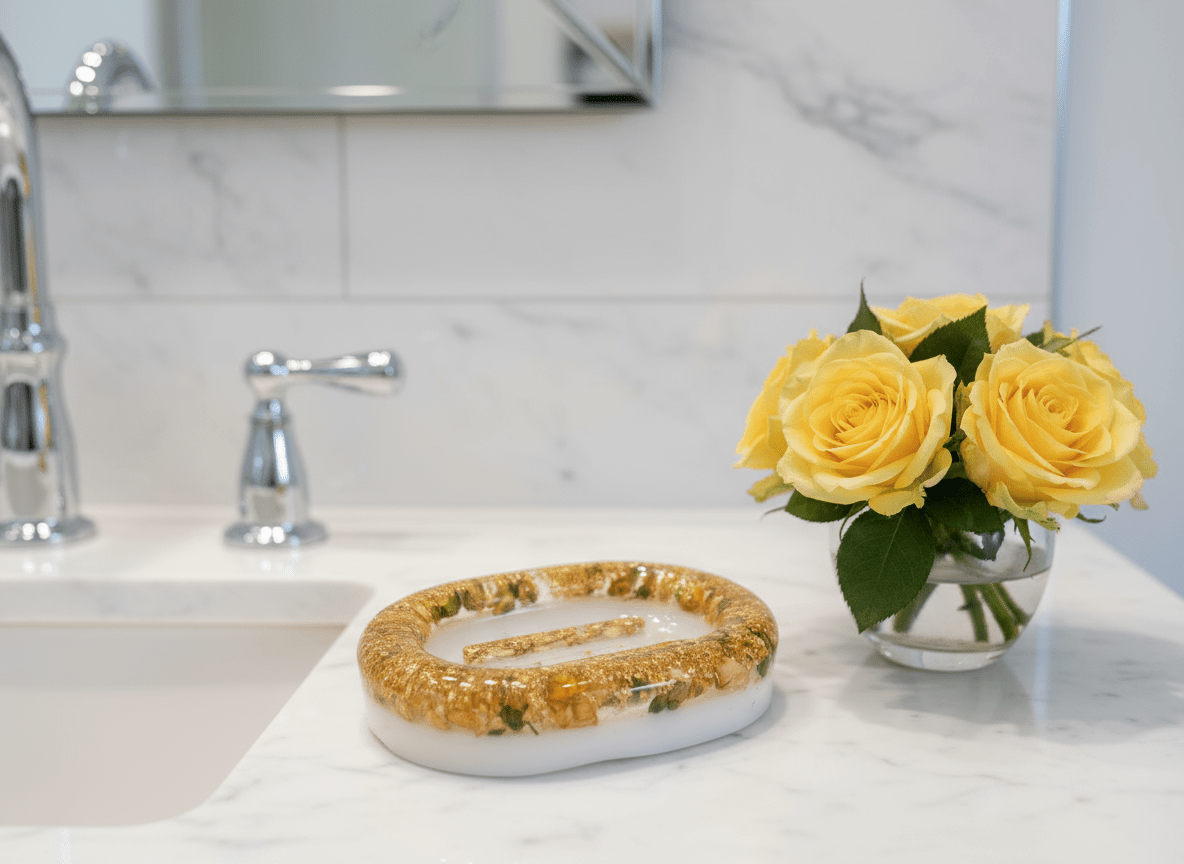 GYLDNE ROSEKNOPPER såpeskål, ekte tørkede blomster - Interiør KNASK