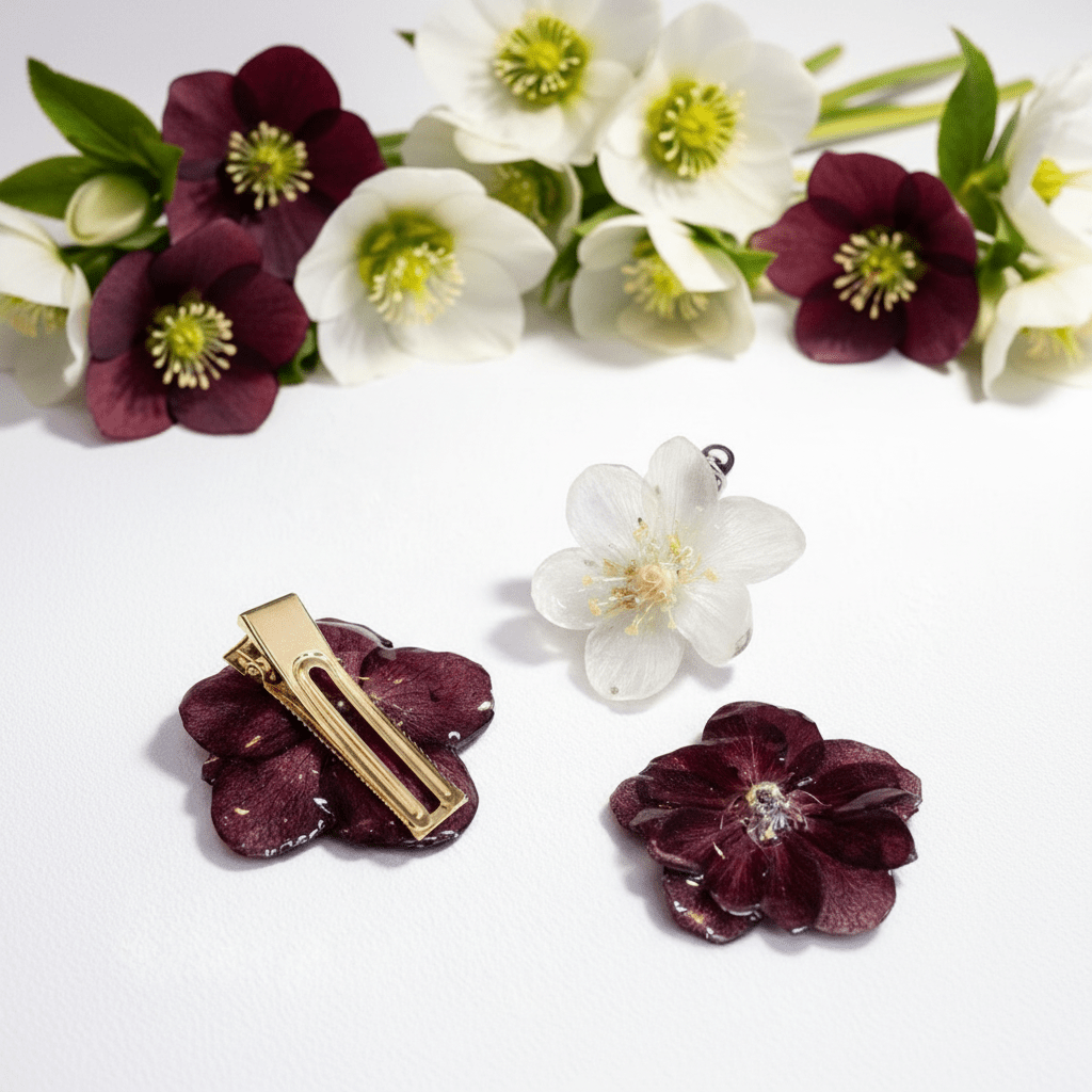 HELLEBORUS hårspenne - ekte tørket blomst, krokodilleklemme - Hårpynt KNASK