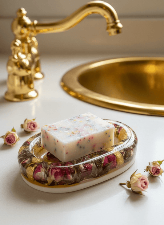 HOLOGRAFISKE ROSEKNOPPER såpeskål, ekte tørkede blomster - Interiør KNASK