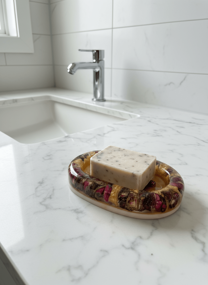 HOLOGRAFISKE ROSEKNOPPER såpeskål, ekte tørkede blomster - Interiør KNASK