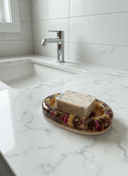 HOLOGRAFISKE ROSEKNOPPER såpeskål, ekte tørkede blomster - Interiør KNASK