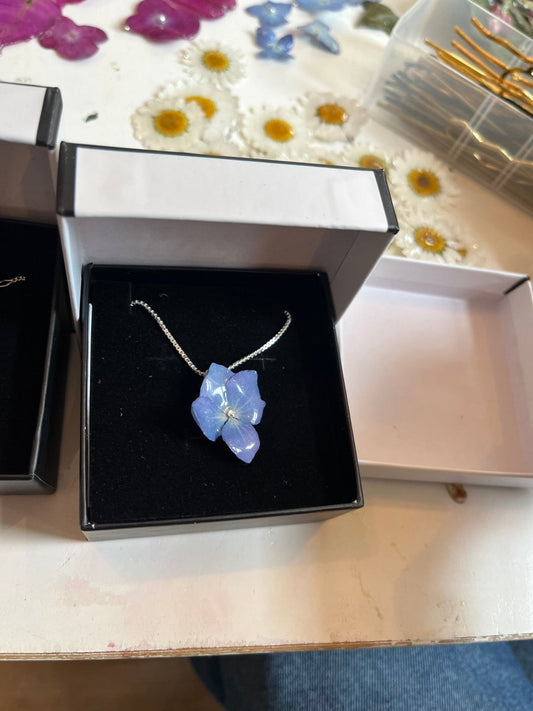 HORTENSIA smykke, ekte 3D - tørket blomst, 925 sølvkjede - Smykke KNASK