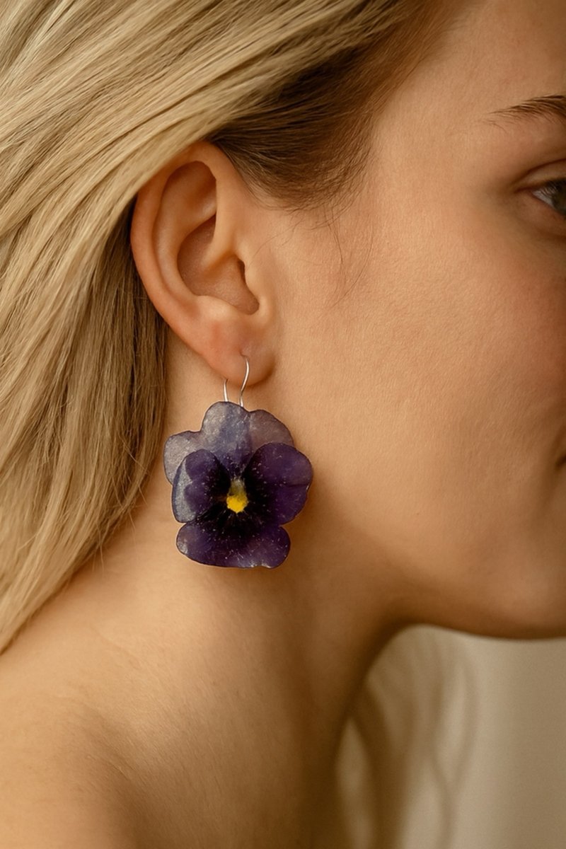 Indigo fioler øredobber, ekte stemorsblomst, 925 sølv ørekroker - Øredobber KNASK