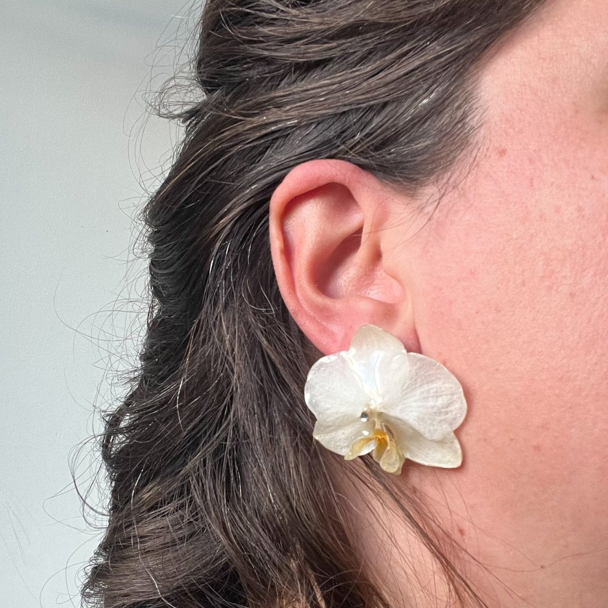 KREM ORKIDÉ øredobber, ekte 3D - tørkede medium blomster, 925 sølv - Øredobber KNASK