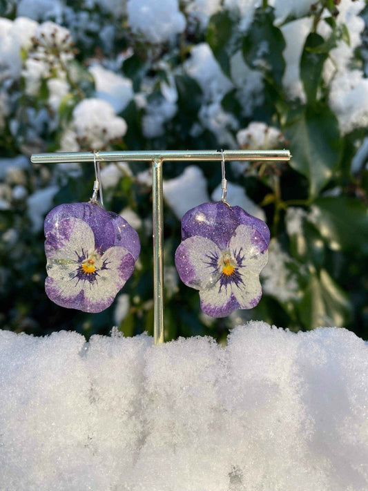 Lilla og hvite fiol-øredobber, ekte stemorsblomst, 925 sølv ørekroker - KNASK