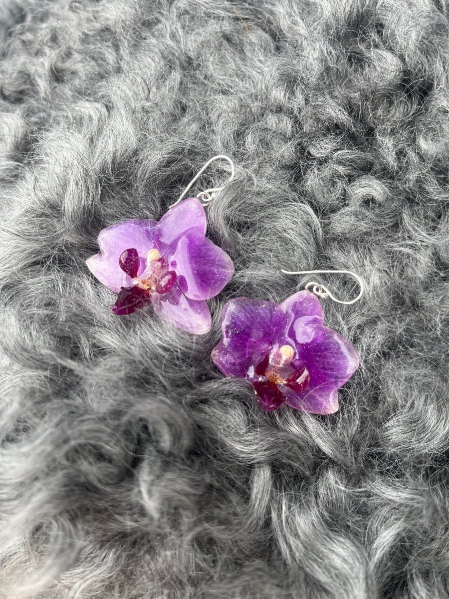 LILLA ORKIDÉ øredobber, 3D - tørkede blomster, 925 sølv - KNASK