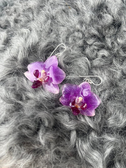 LILLA ORKIDÉ øredobber, 3D - tørkede blomster, 925 sølv - KNASK