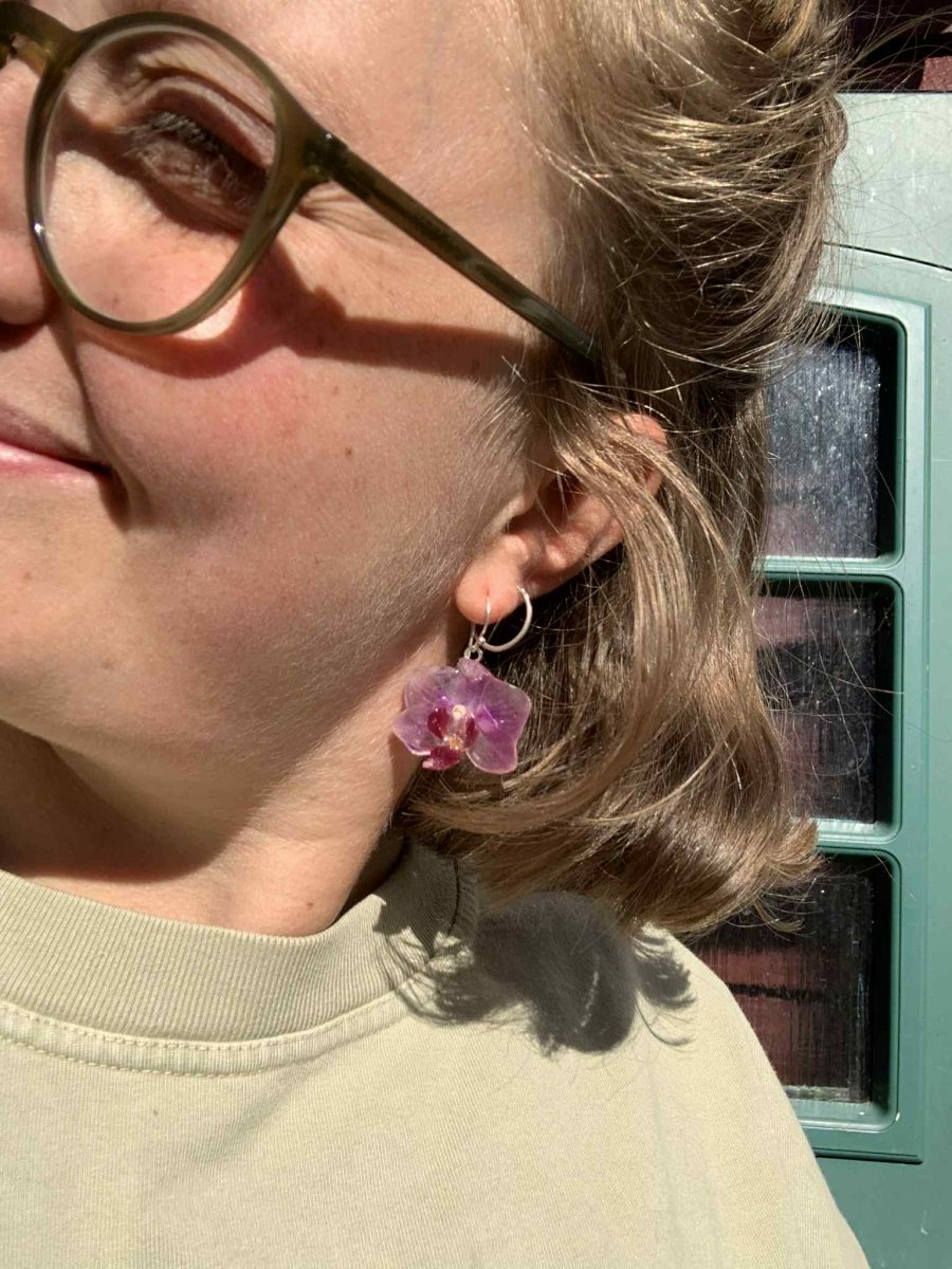 LILLA ORKIDÉ øredobber, 3D - tørkede blomster, 925 sølv - KNASK