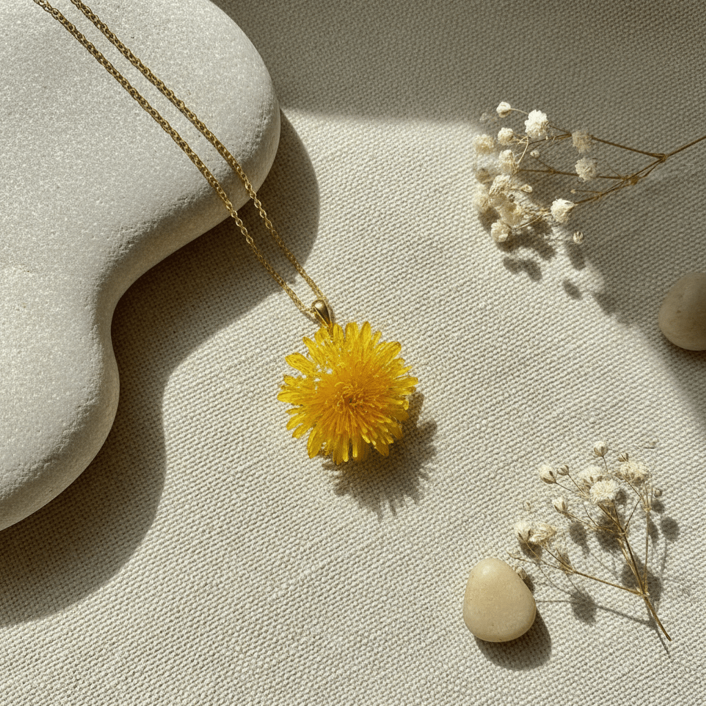 LØVETANN blomstersmykke, 3D - tørket blomst, 925 sølvkjede - Smykke KNASK