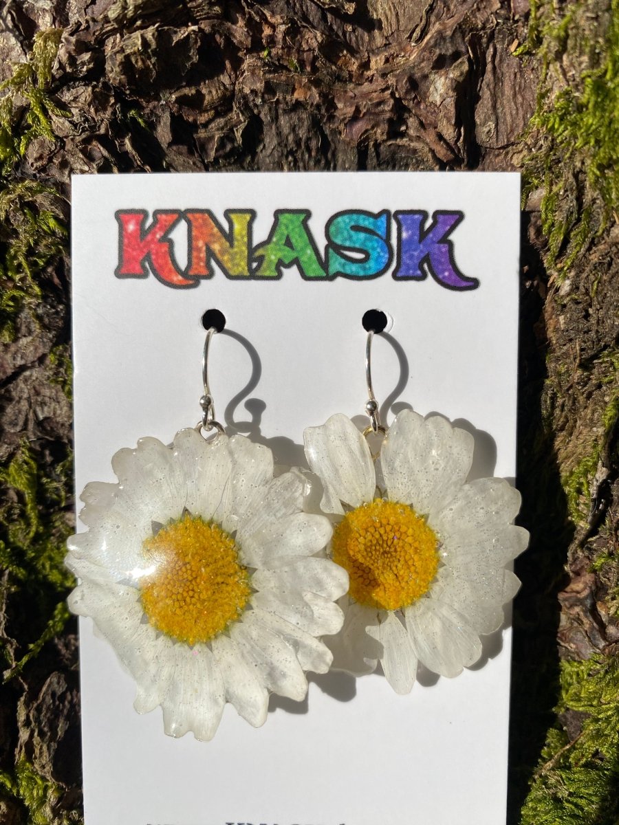 MARGERITT øredobber, 925 sølv ørekroker, ekte tørkede blomster - Øredobber KNASK