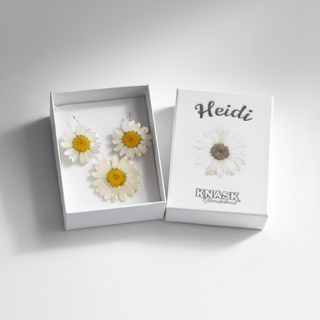 MARGERITTER gavesett - blomstersmykke og øredobber av tørkede blomster, sølv - Gavesett KNASK