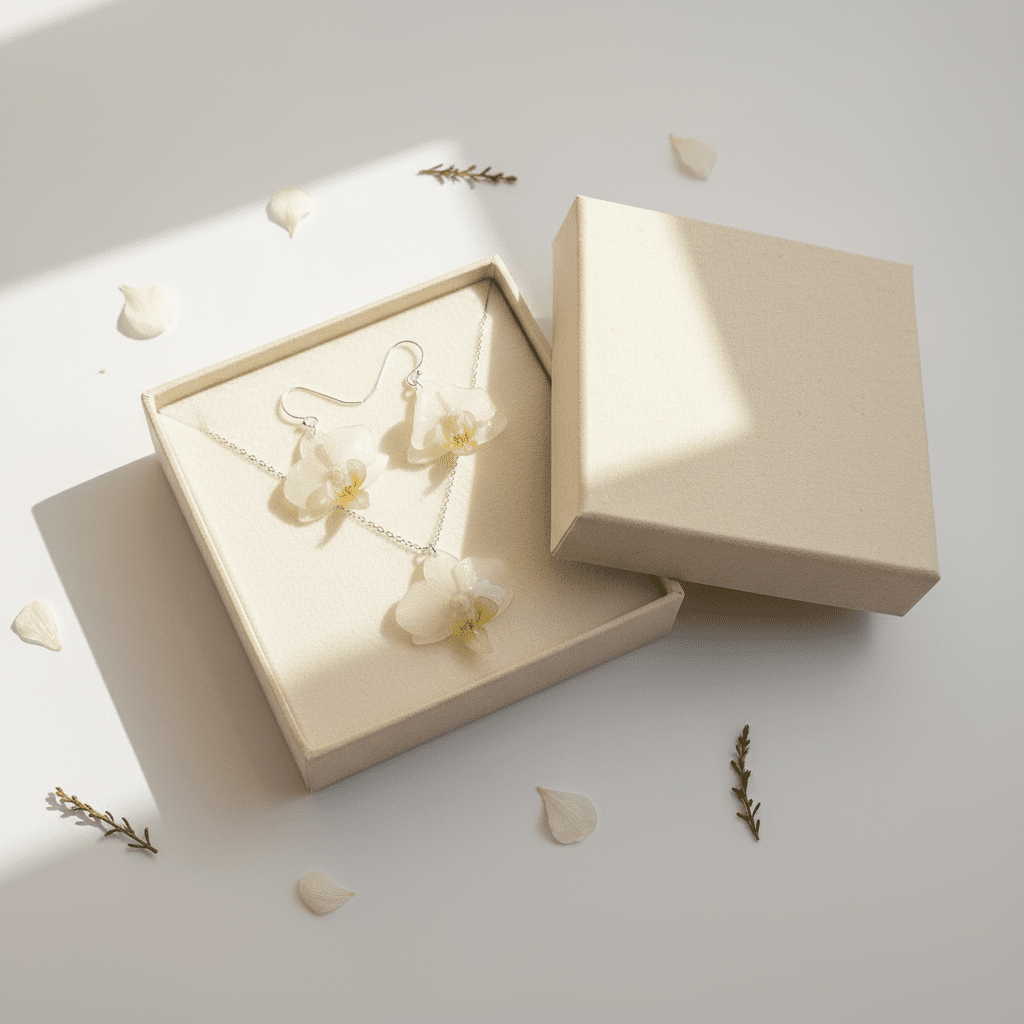 MINIATYR ORKIDÉ gavesett - blomstersmykke og øredobber av ekte blomster - Gavesett KNASK