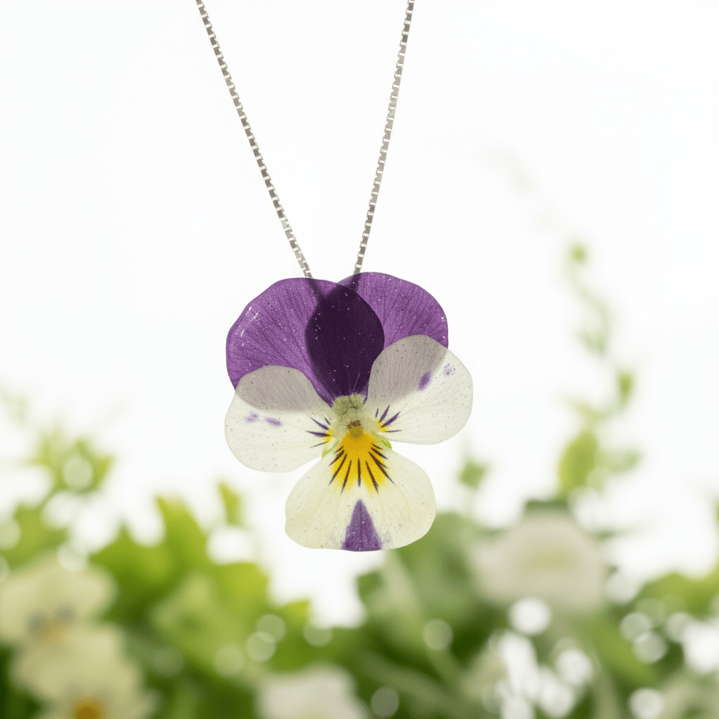 NATT OG DAG blomstersmykke, tørket stemorsblomst, 925 sølvkjede - Smykke KNASK