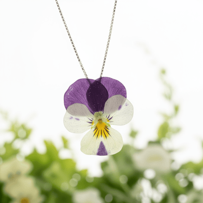 NATT OG DAG blomstersmykke, tørket stemorsblomst, 925 sølvkjede - Smykke KNASK