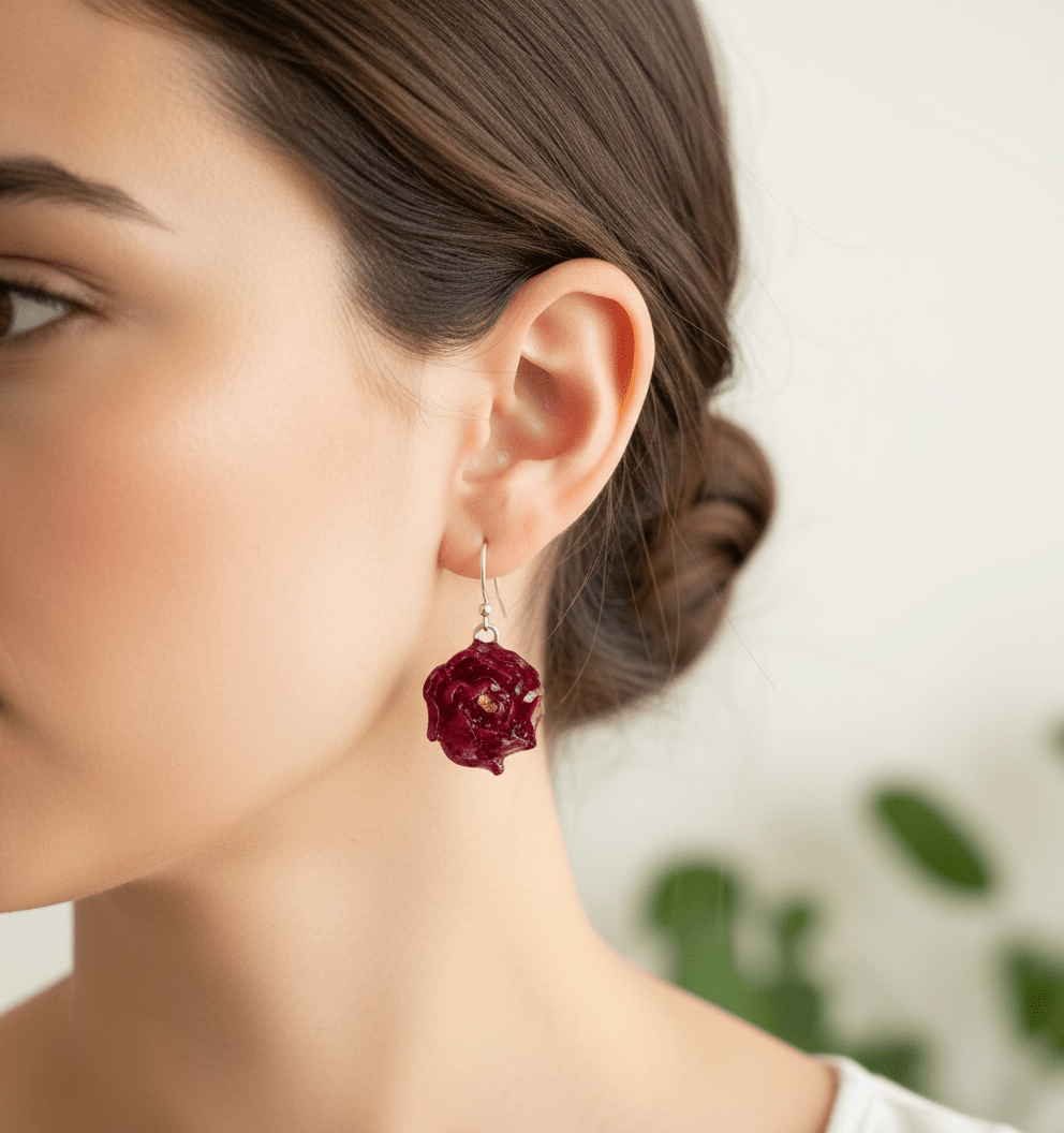 NESSA ROSER øredobber, ekte 3D - tørkede blomster, 925 sølv - Øredobber KNASK