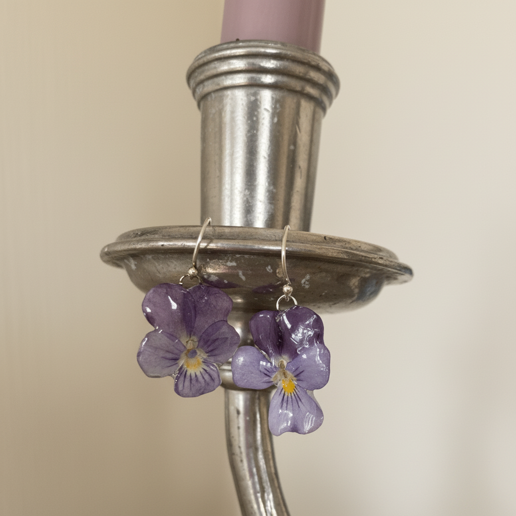 NORDLYS FIOL øredobber av ekte 3D - tørker stemorsblomst, 925 sølv ørekroker - Øredobber KNASK