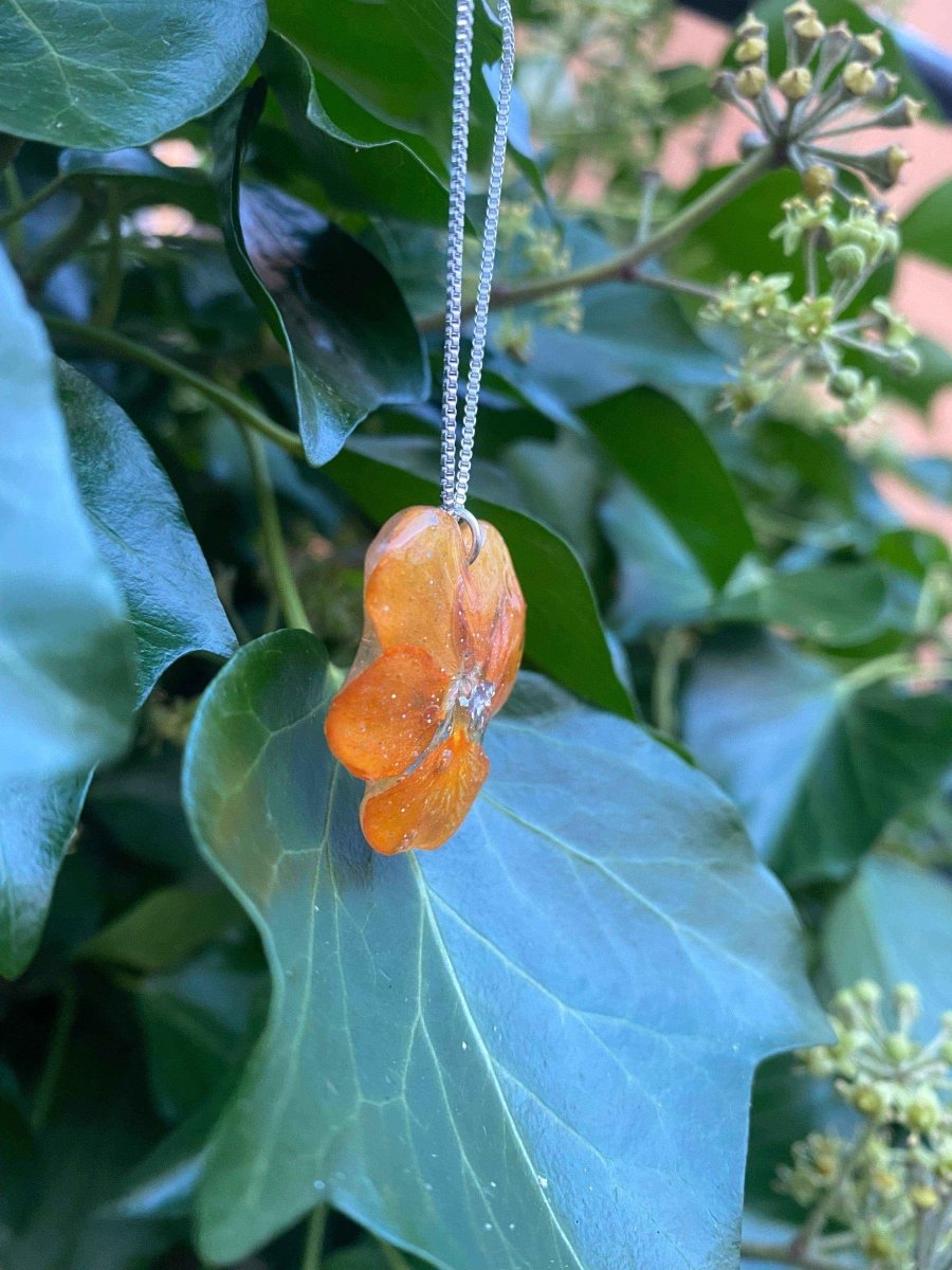 Orange fiol-smykke, ekte stemorsblomst, 925 sølvkjede - KNASK