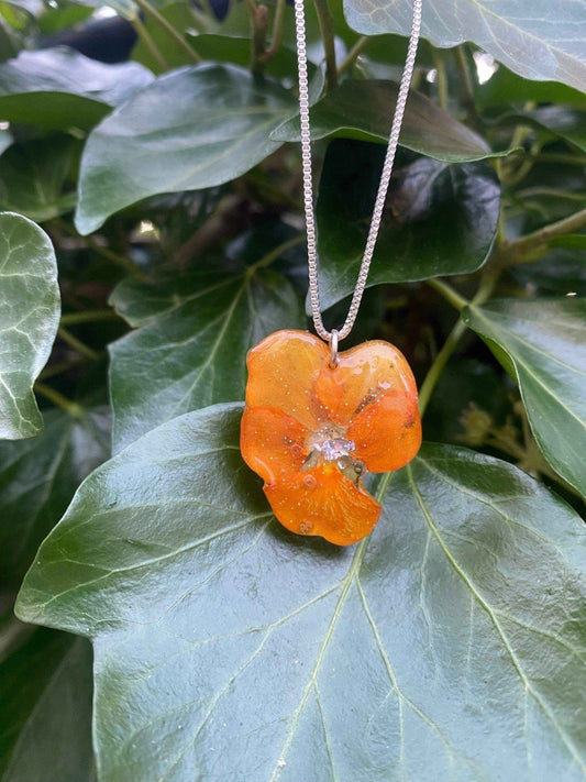 Orange fiol-smykke, ekte stemorsblomst, 925 sølvkjede - KNASK