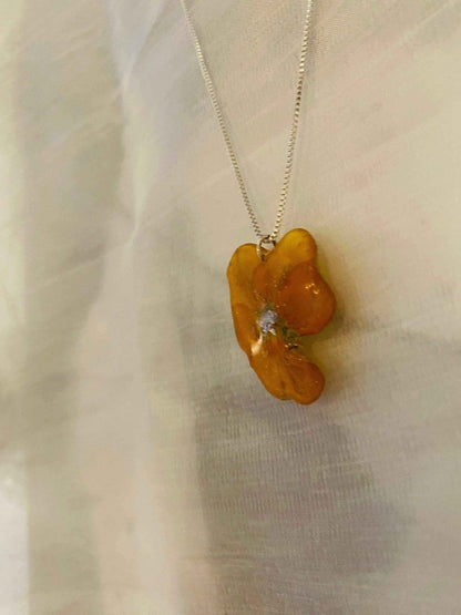 Orange fiol-smykke, ekte stemorsblomst, 925 sølvkjede - KNASK