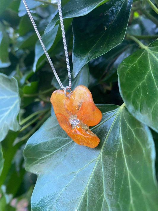 Orange fiol-smykke, ekte stemorsblomst, 925 sølvkjede - KNASK