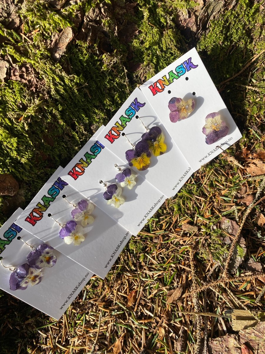 PÅSKEFIOL stemorsblomst øredobber, ekte fioler, 925 sølv ørekroker - Øredobber KNASK