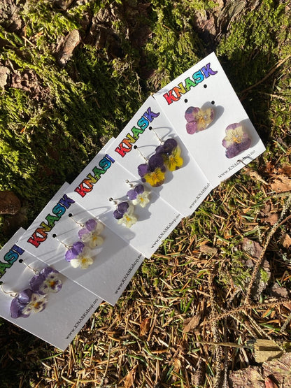 PÅSKEFIOL stemorsblomst øredobber, ekte fioler, 925 sølv ørekroker - Øredobber KNASK