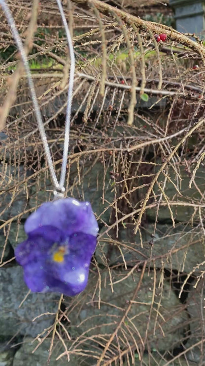 Blå fiol blomster-smykke, 925 sølvkjede, ekte stemorsblomst