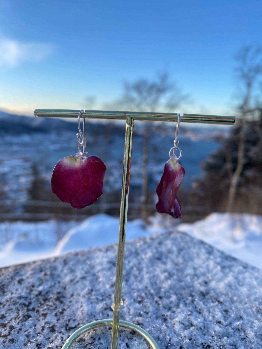 Rødvin-roser roseblad øredobber, 925 sølv ørekroker - KNASK