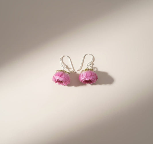 ROSA BUSKROSER øredobber, nedover, 3D - tørkede blomster, 925 sølv - Øredobber KNASK