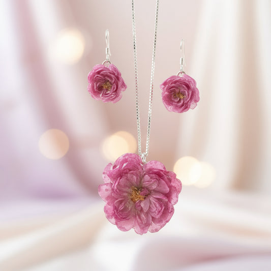 ROSA BUSKROSE blomstersmykke, sølvkjede - KNASK