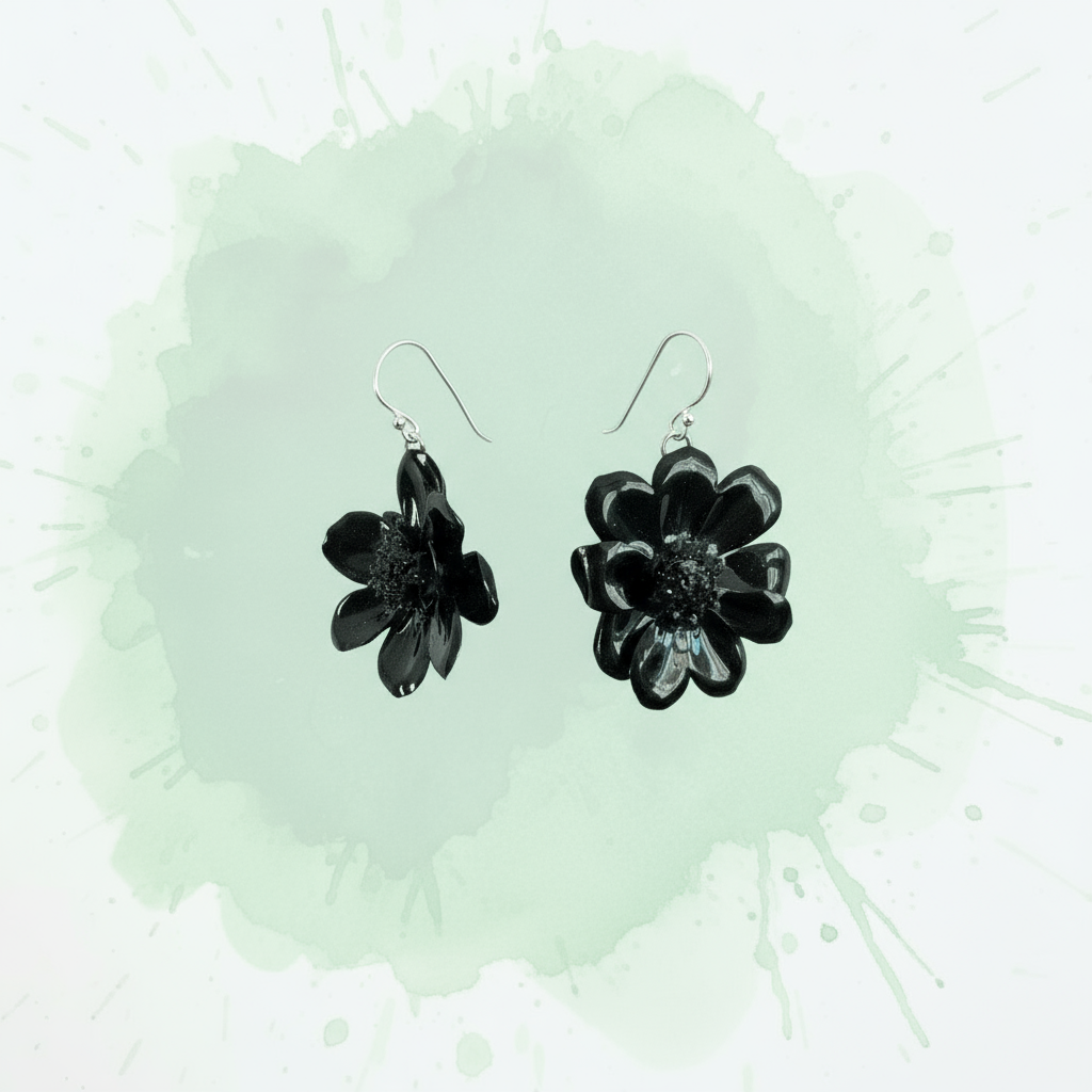 SVART KOSMO øredobber, ekte 3D - tørkede blomster, 925 sølv - KNASK