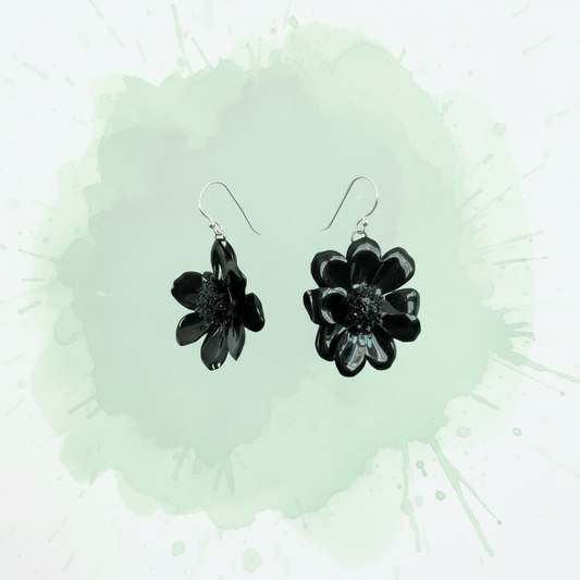 SVART KOSMO øredobber, ekte 3D - tørkede blomster, 925 sølv - KNASK