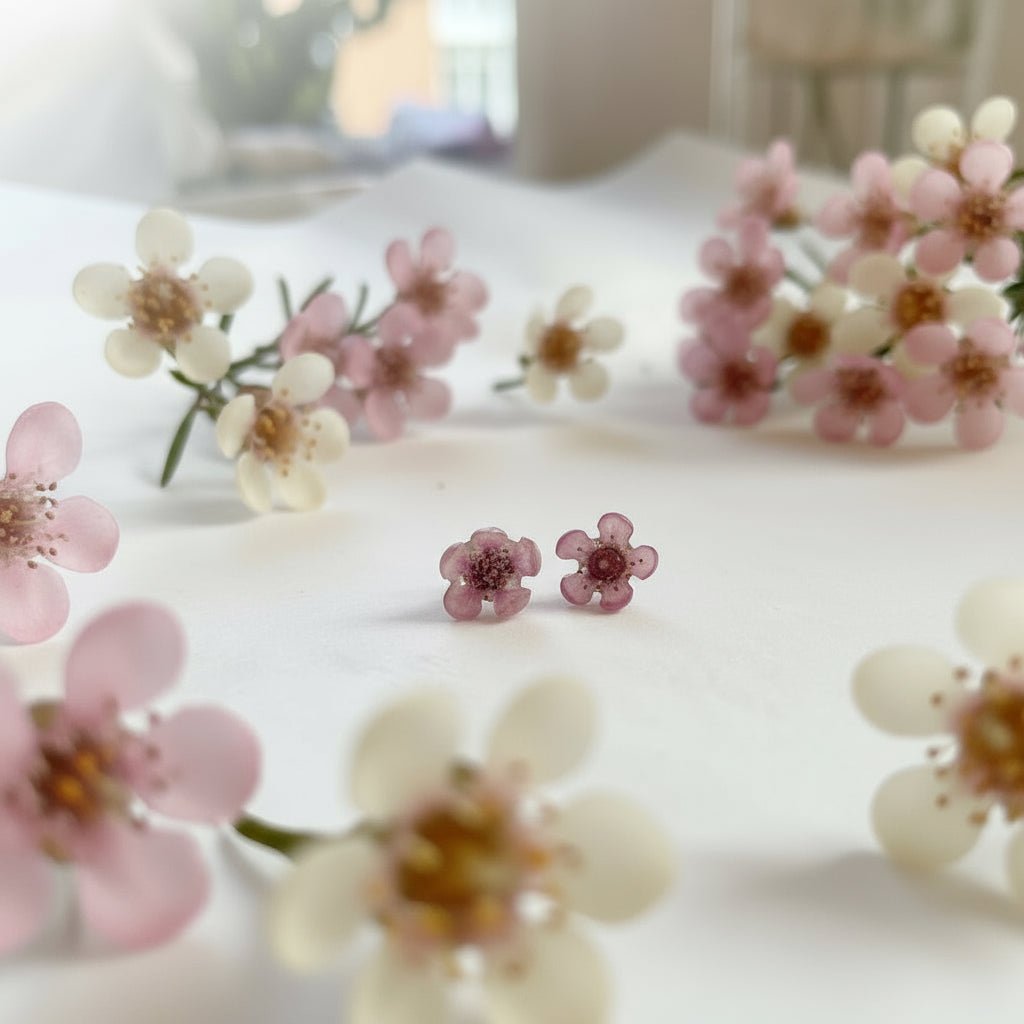 VOKSBLOMST øredobber, ekte 3D - tørkede blomster, 925 sølv øresrift - Øredobber KNASK